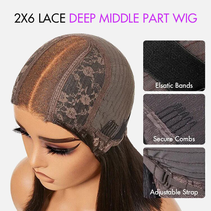 2X6 Lace Deep Middle Part wig on a mannequin head with close-up details of lace, elastic bands, secure combs, and adjustable strap.