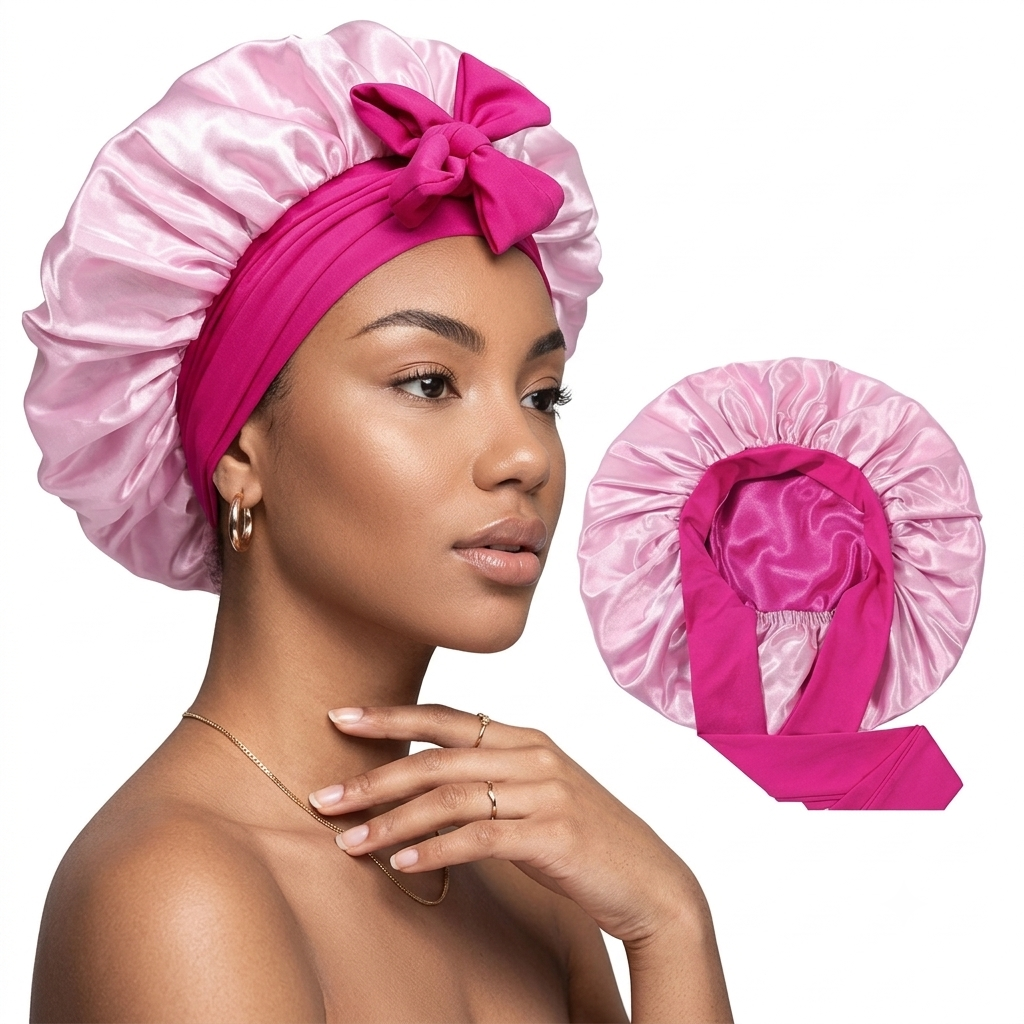 Woman wearing mauve satin bonnet with tie band, shown with sleep mask and flat lay
