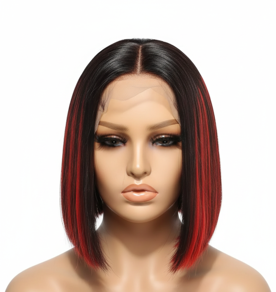 8” Straight Bone straight Bob Wig – 2x6 Closure | Red Highlights | Cambodian hair