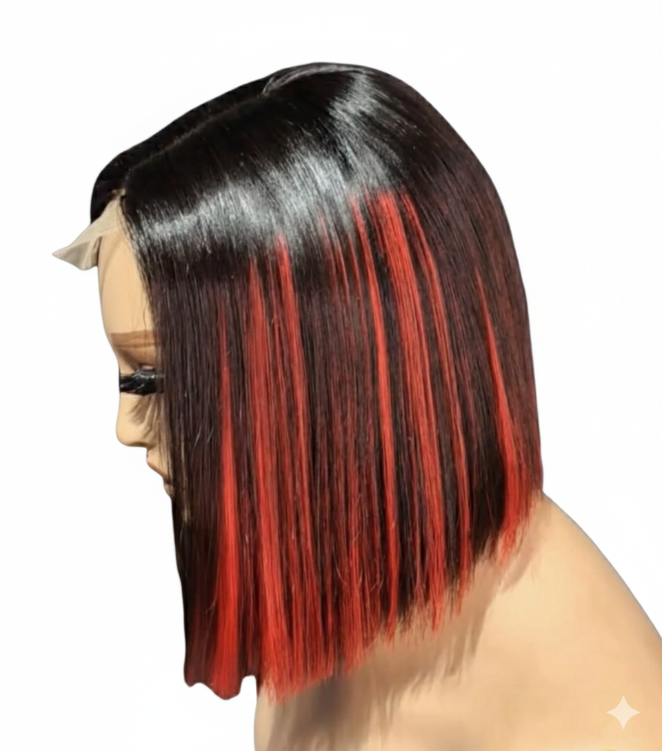 8” Straight Bone straight Bob Wig – 2x6 Closure | Red Highlights | Cambodian hair