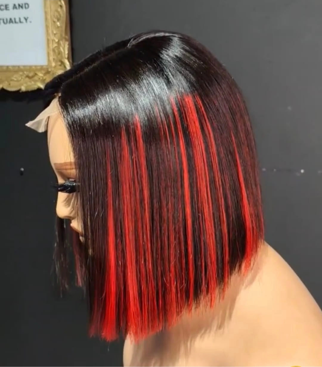 8” Straight Bone straight Bob Wig – 2x6 Closure | Red Highlights | Cambodian hair