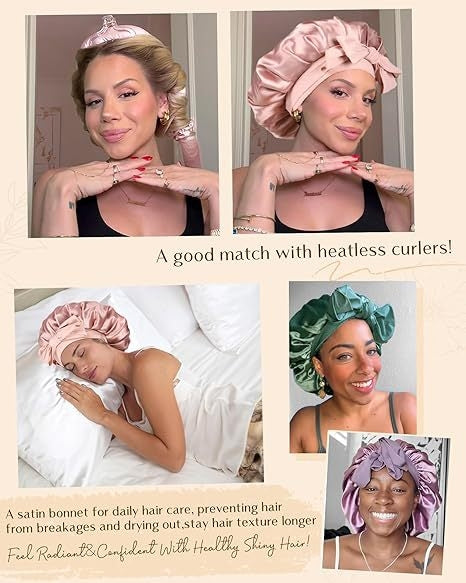 Double layer silk satin bonnet with tie band showing product features and hair types