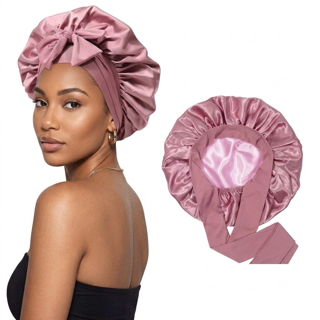 Satin bonnet worn with heatless curlers, while sleeping, and in multiple colours