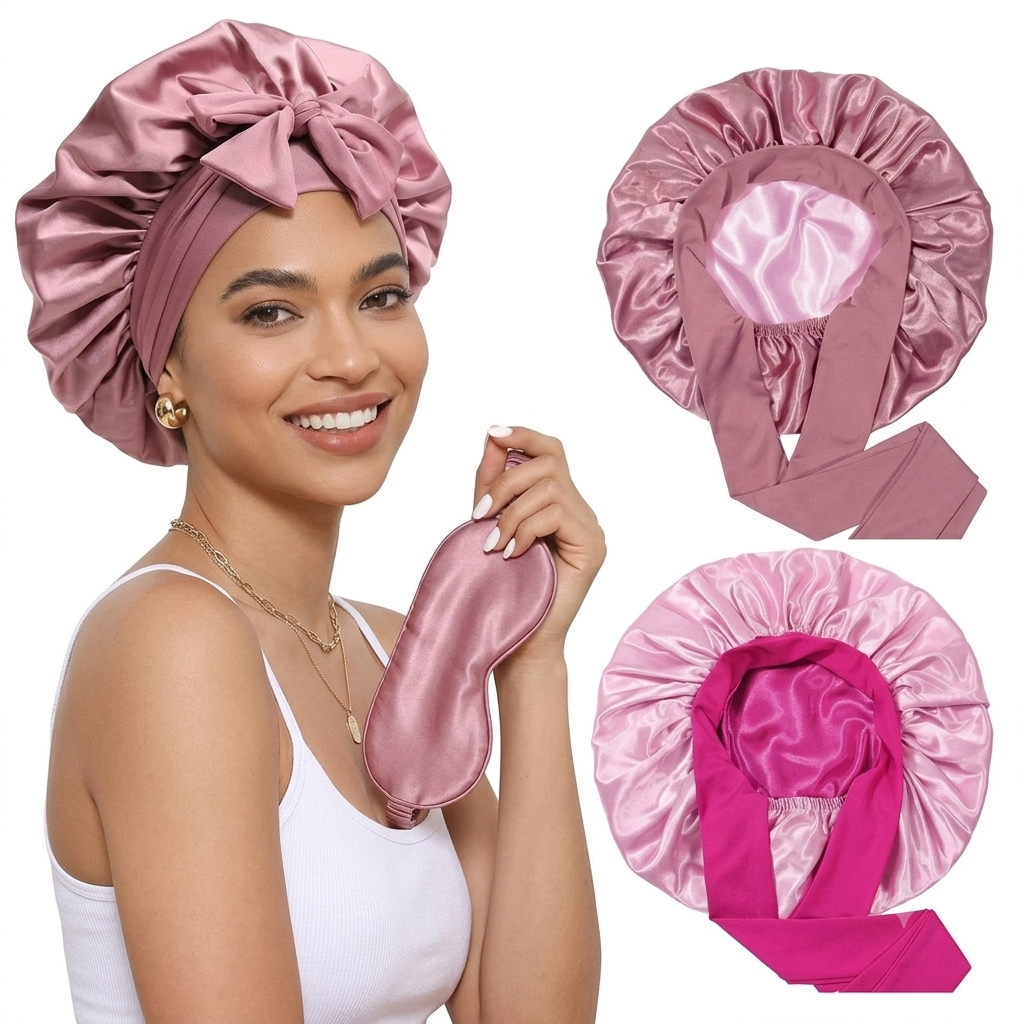Woman wearing hot pink and baby pink satin bonnet with tie band
